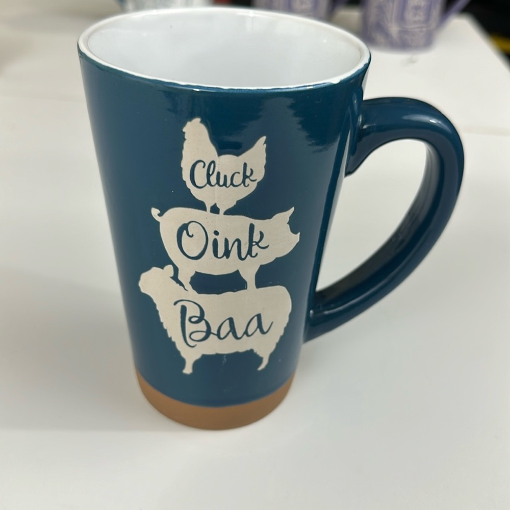 RELIST SOON New - Old East Main Co. Blue and Brown Coffee Mug - Cluck, Oink, Baa - Picture 1 of 4